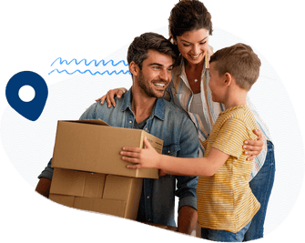 a mom, dad with moving boxes, and a child
