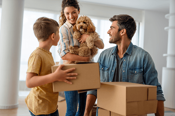 family with moving boxes