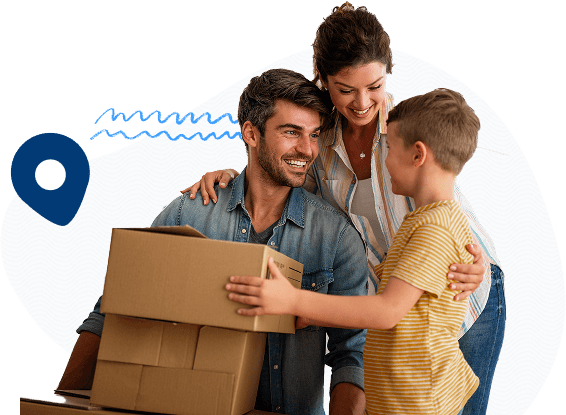 a mom, dad with moving boxes, and a child